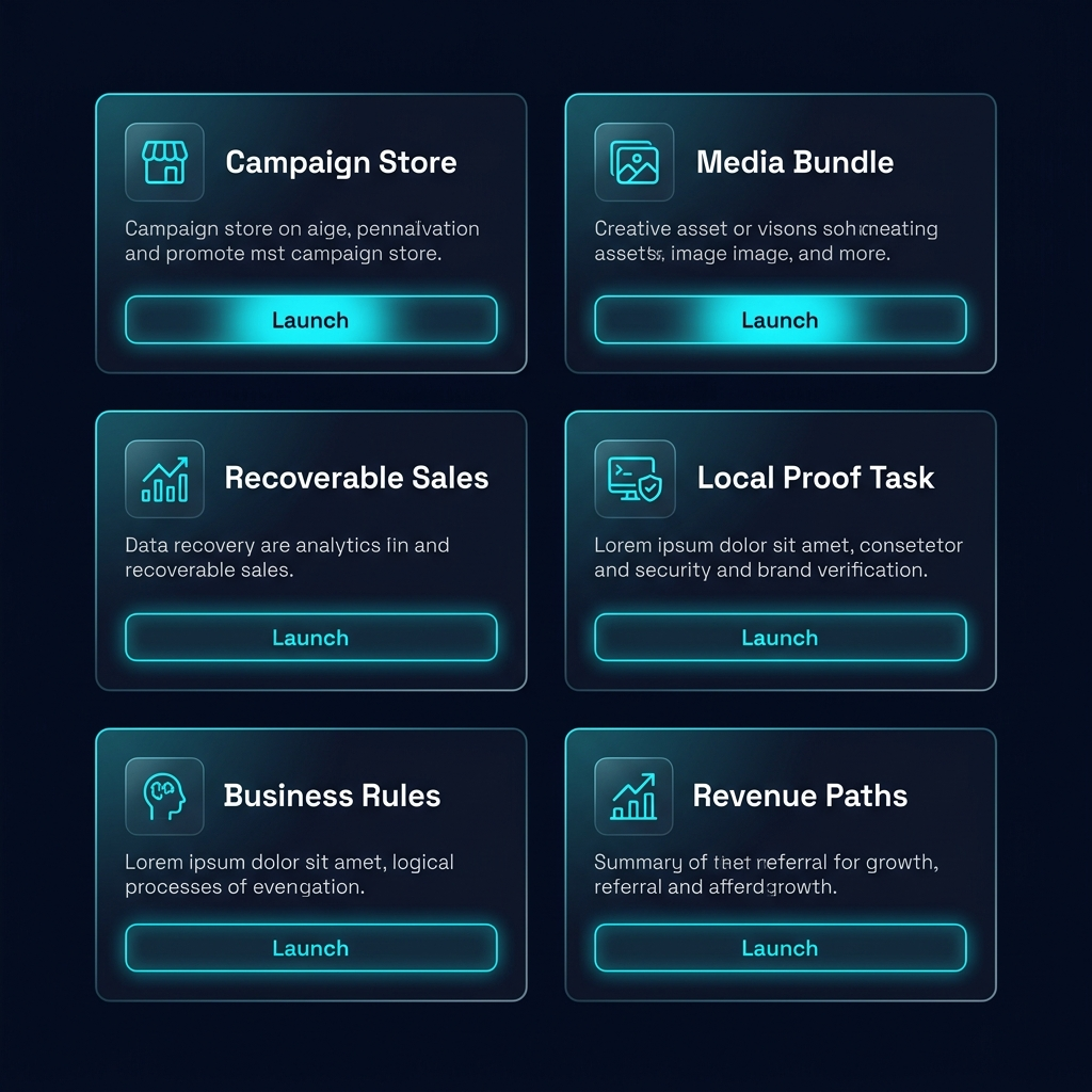 Six first WOW task cards: Campaign Store, Media Bundle, Recoverable Sales, Local Proof, Business Rules, Revenue Paths