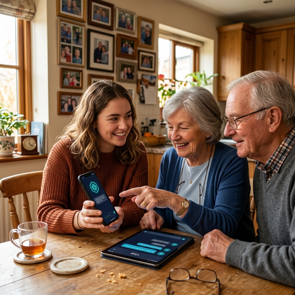 Granddaughter showing grandparents Marvin on tablet